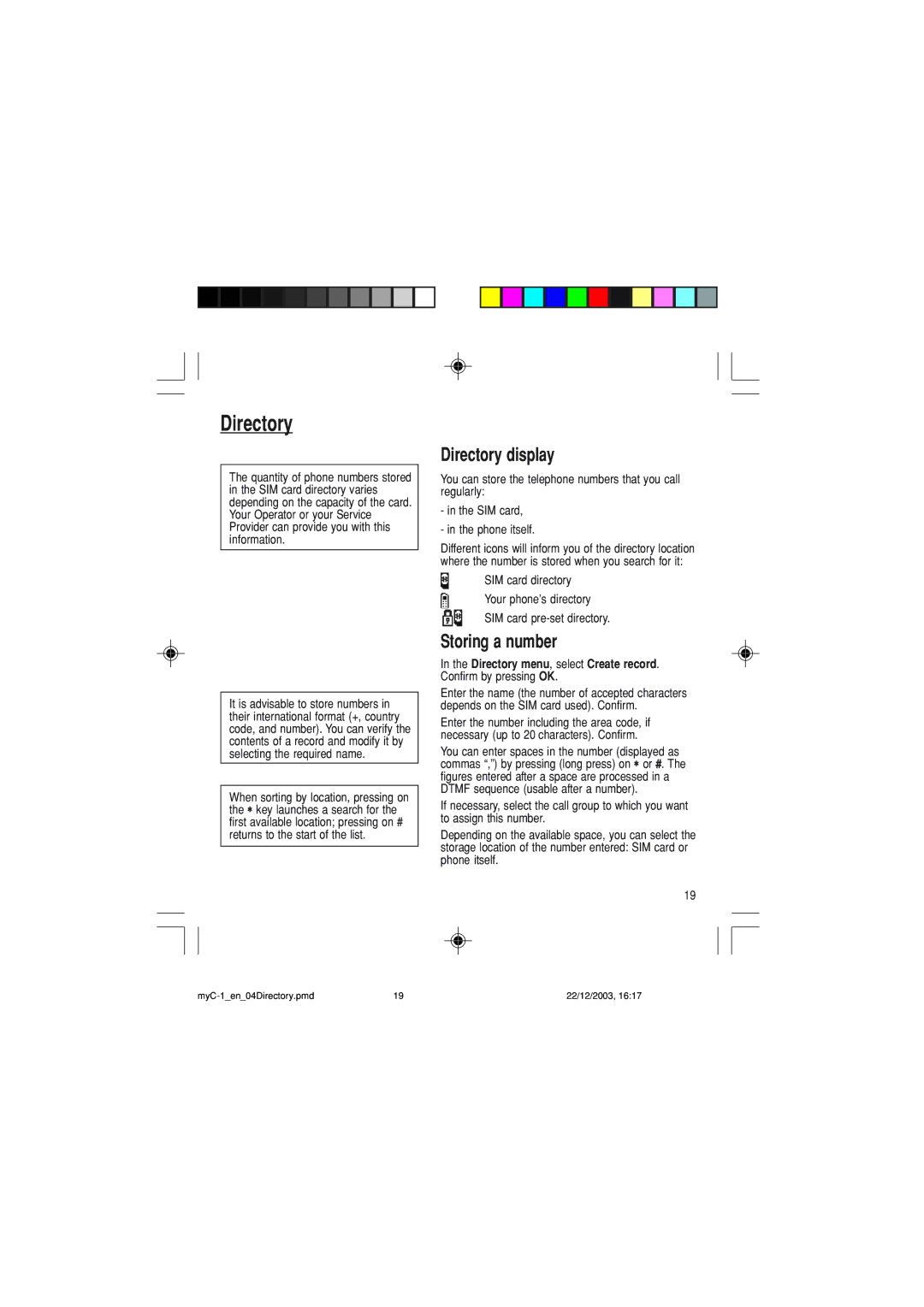 Sagem myC-1 manual Directory display, Storing a number 