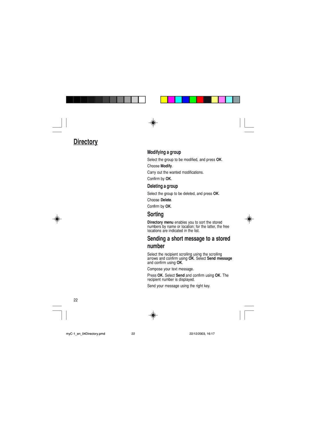 Sagem myC-1 manual Sorting, Sending a short message to a stored number, Modifying a group, Deleting a group 