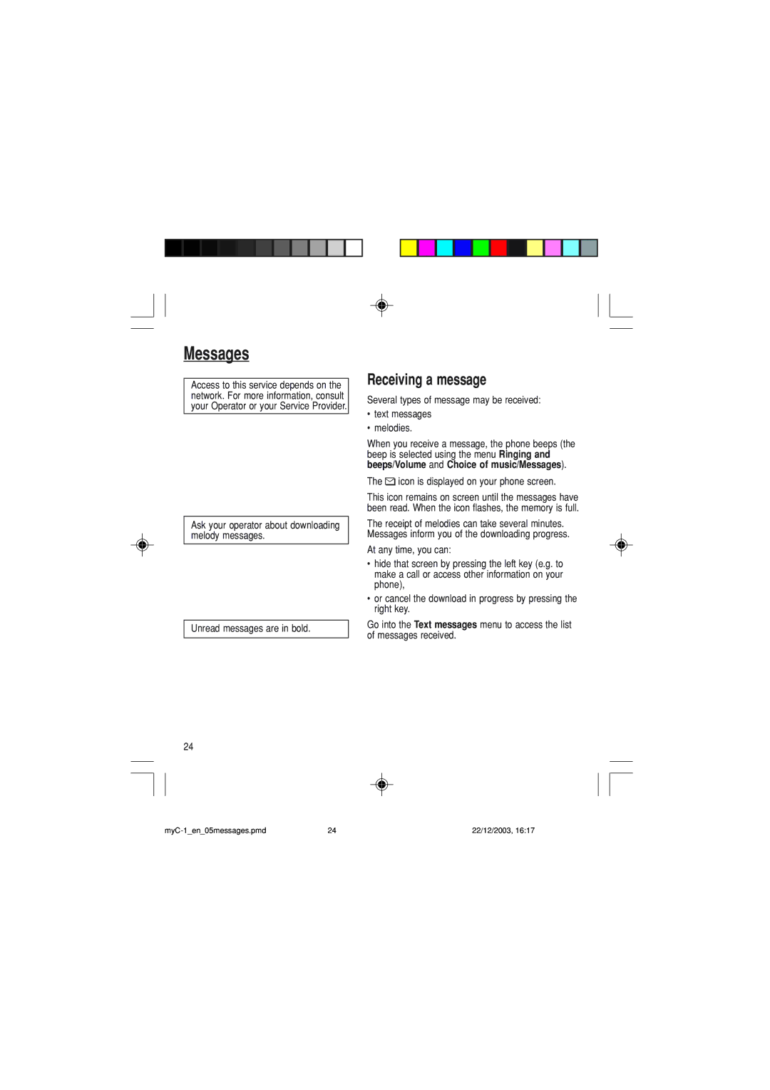 Sagem myC-1 manual Messages, Receiving a message, Icon is displayed on your phone screen 