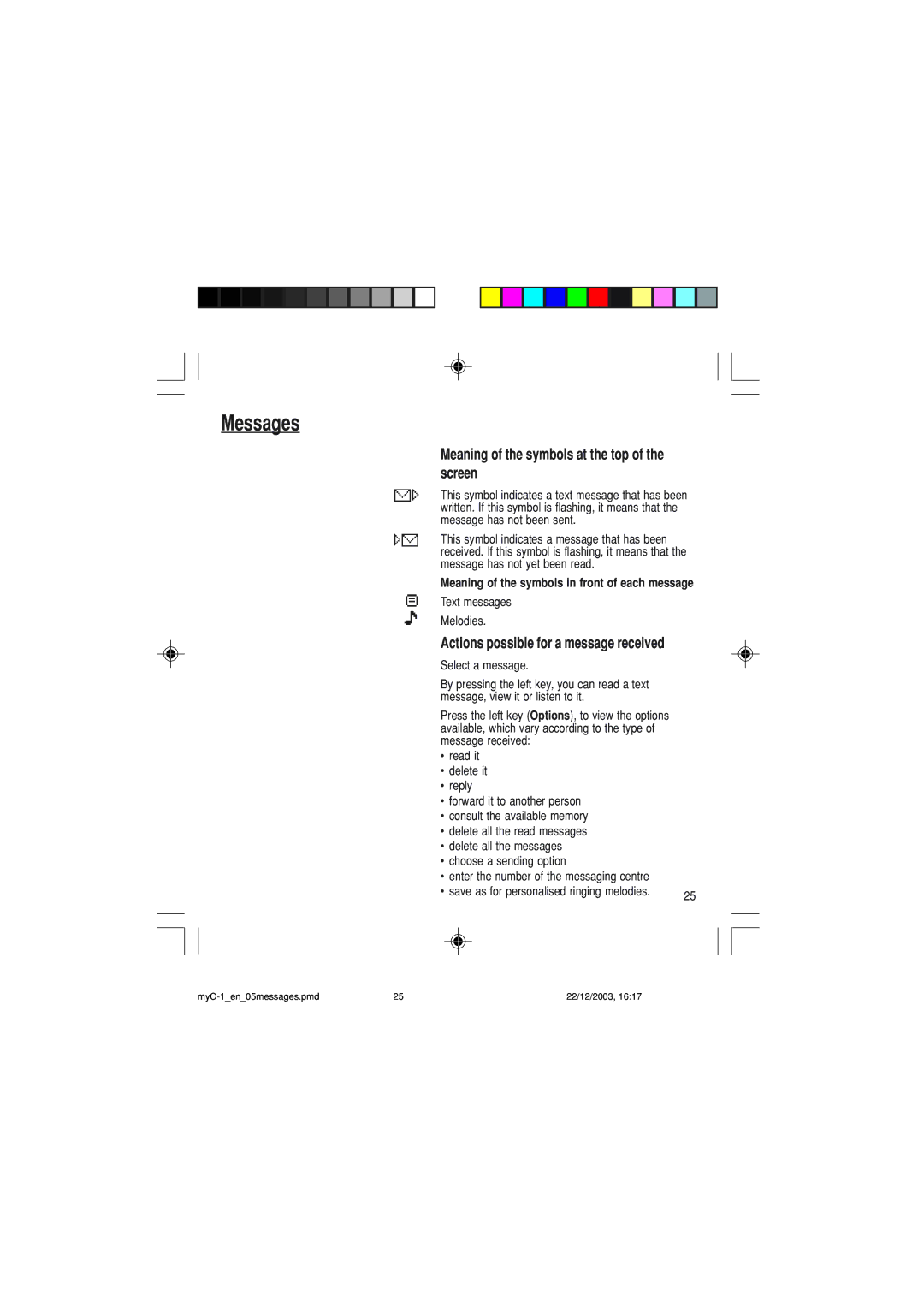 Sagem myC-1 manual Meaning of the symbols at the top of the screen, Actions possible for a message received 