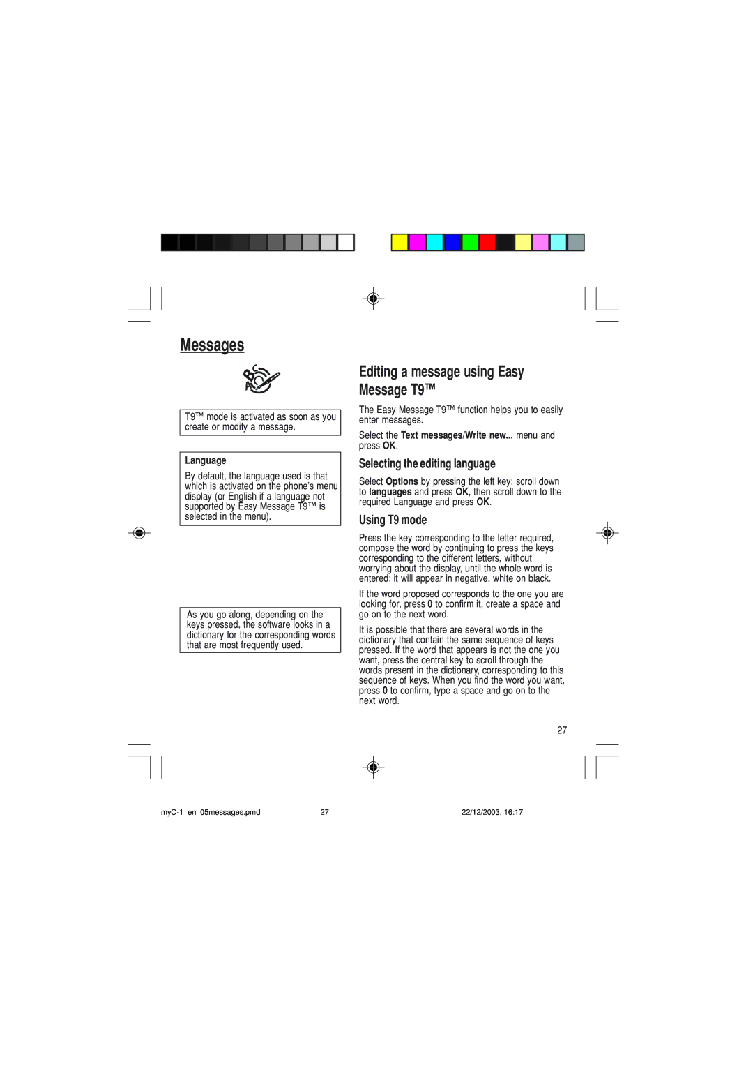 Sagem myC-1 manual Selecting the editing language, Using T9 mode, Language 