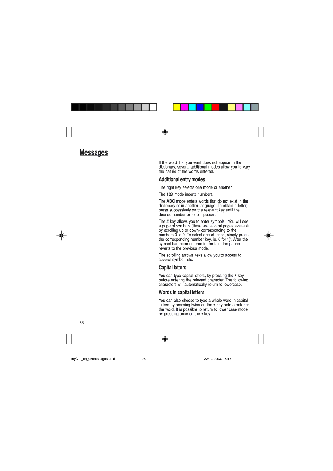 Sagem myC-1 manual Additional entry modes, Capital letters, Words in capital letters 