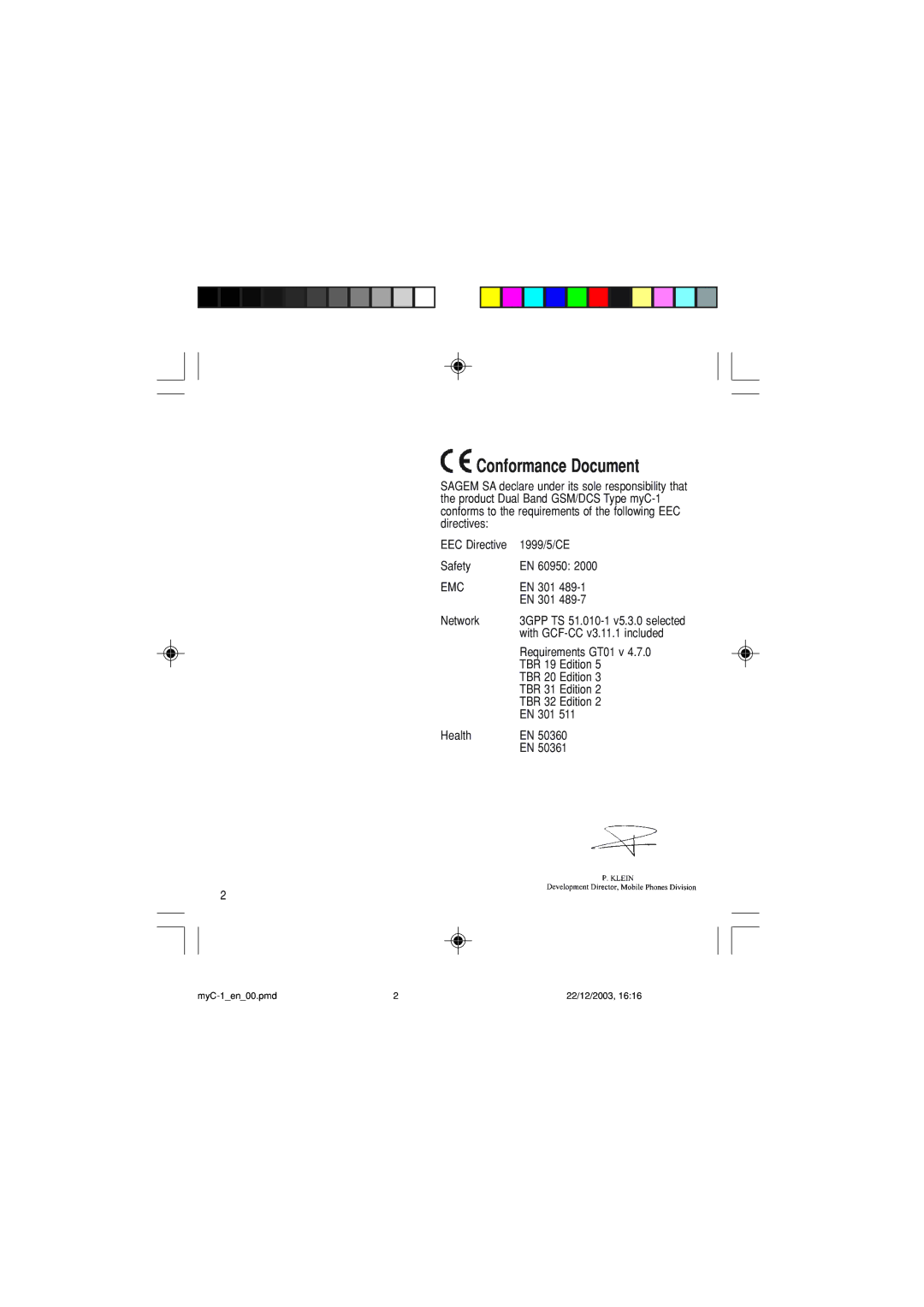 Sagem myC-1 manual Conformance Document 