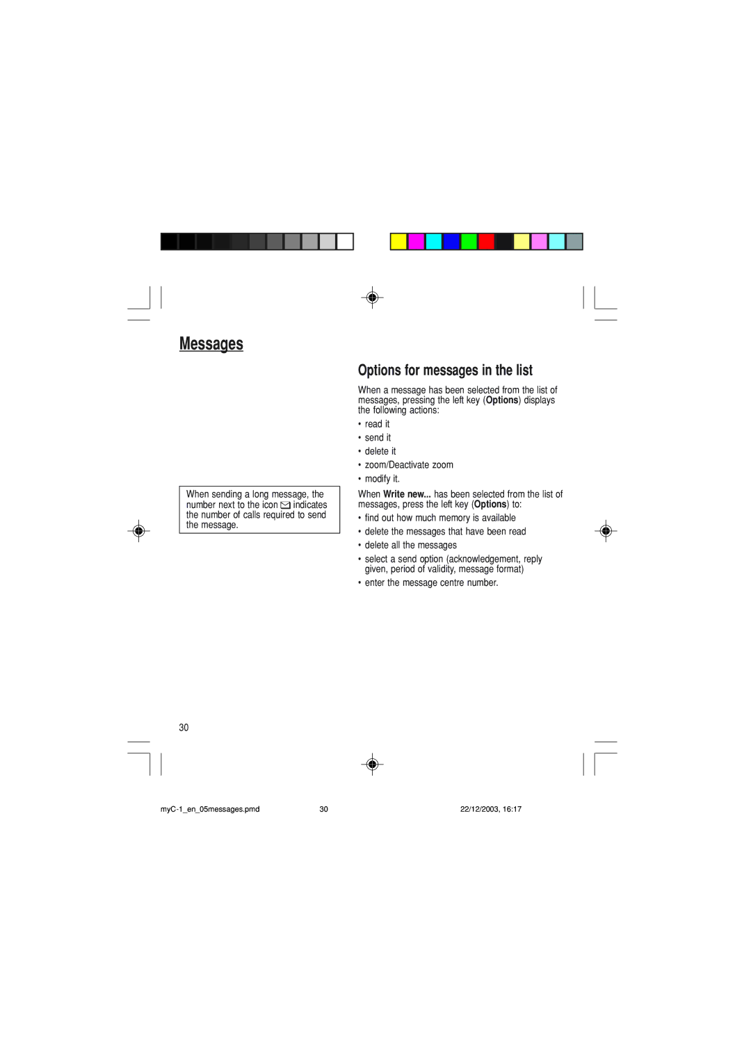 Sagem myC-1 manual Options for messages in the list, Enter the message centre number 