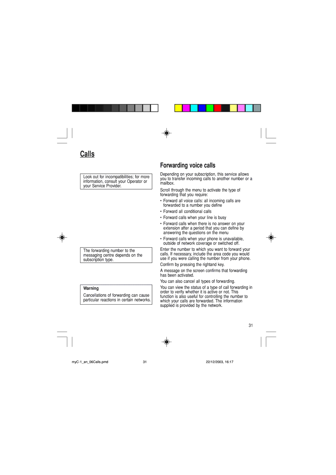 Sagem myC-1 manual Calls, Forwarding voice calls 