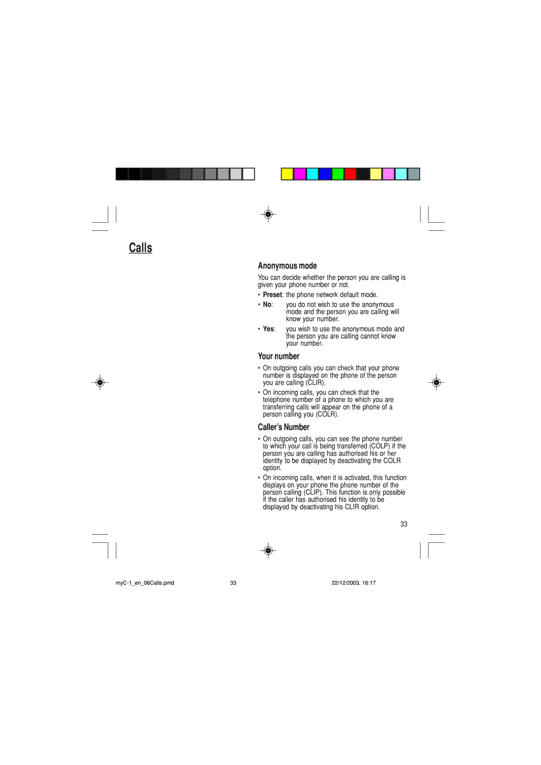 Sagem myC-1 manual Anonymous mode, Your number, Caller’s Number 