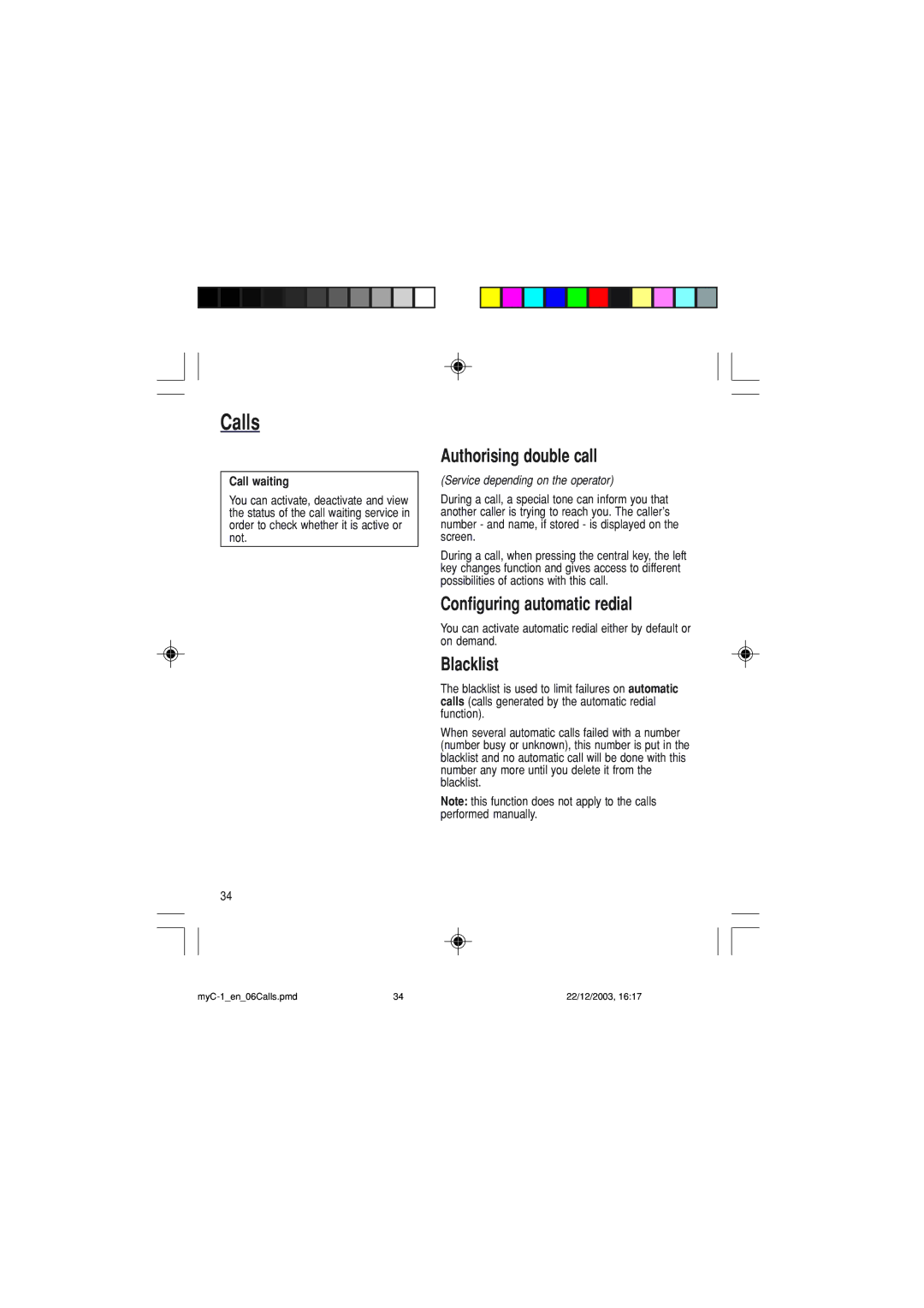 Sagem myC-1 manual Authorising double call, Configuring automatic redial, Blacklist, Call waiting 