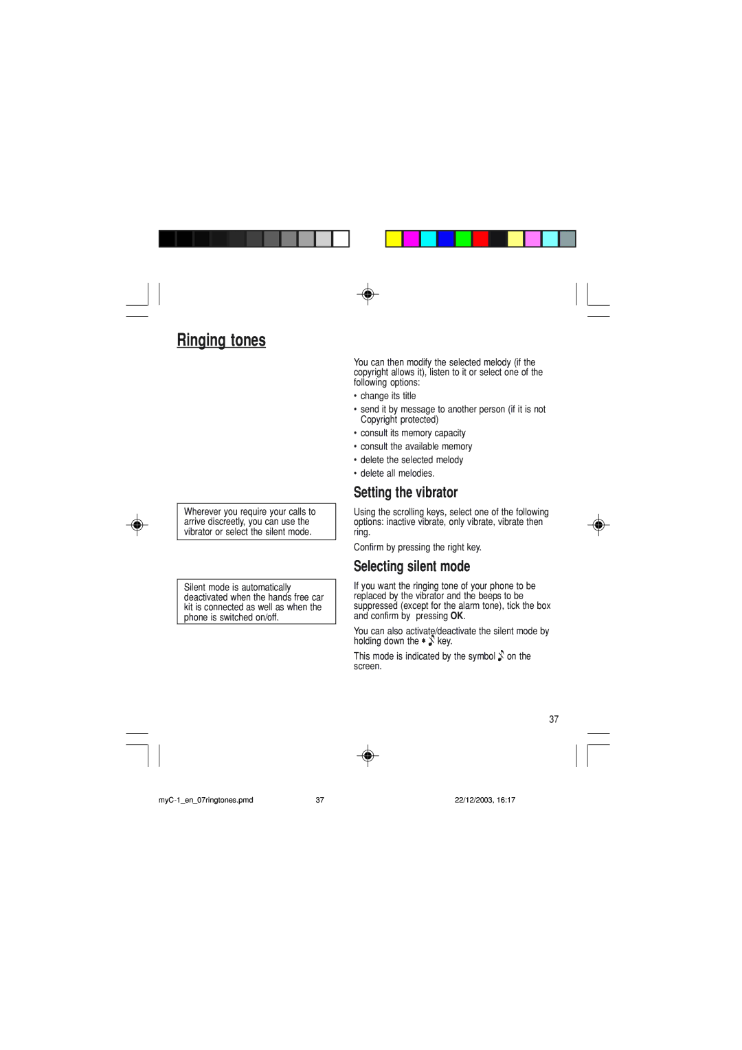 Sagem myC-1 manual Setting the vibrator, Selecting silent mode 