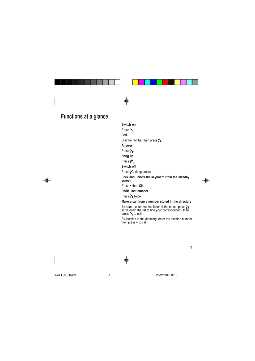 Sagem myC-1 manual Functions at a glance 