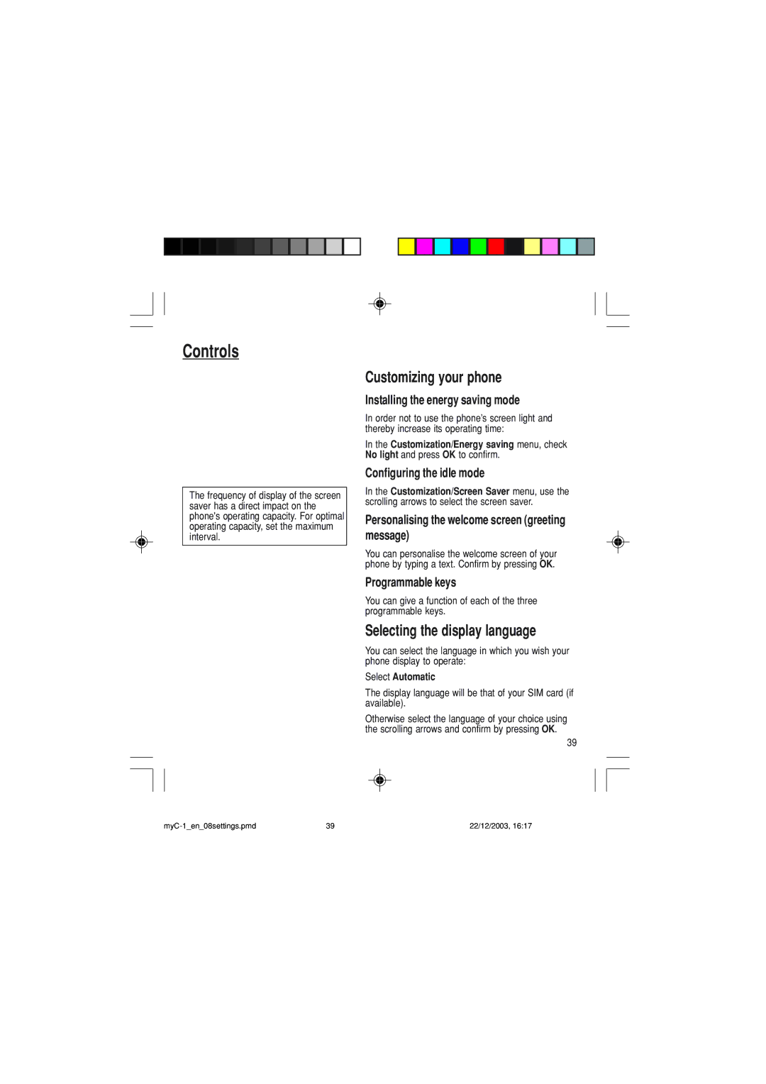 Sagem myC-1 manual Controls, Customizing your phone, Selecting the display language 