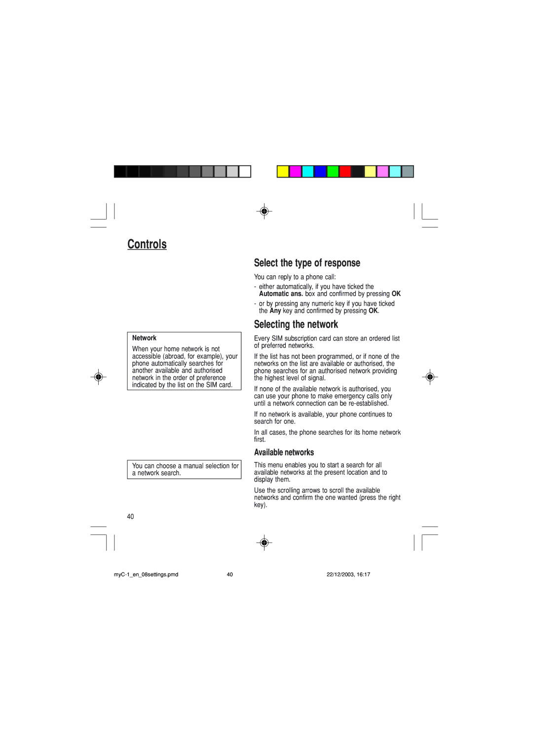 Sagem myC-1 manual Select the type of response, Selecting the network, Available networks, Network 