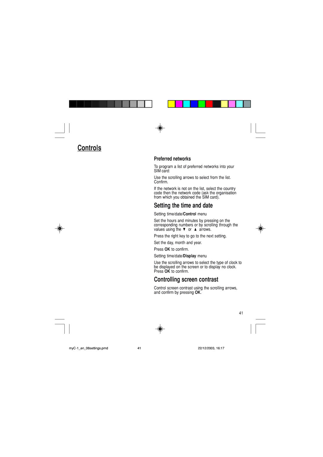 Sagem myC-1 manual Setting the time and date, Controlling screen contrast, Preferred networks 