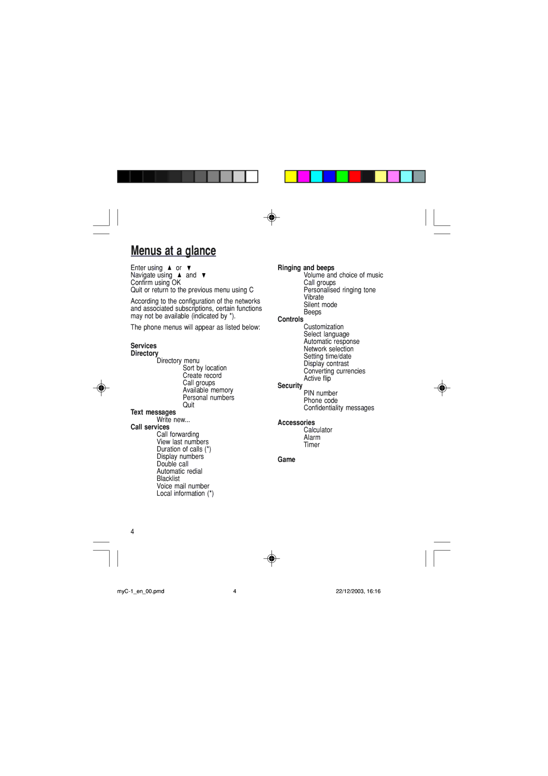 Sagem myC-1 manual Menus at a glance 