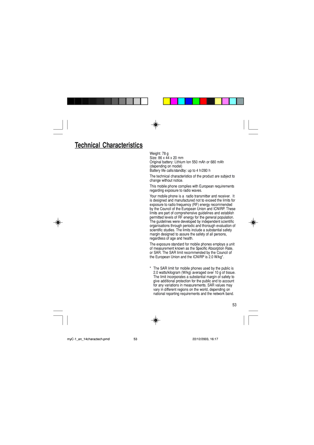 Sagem myC-1 manual Technical Characteristics 