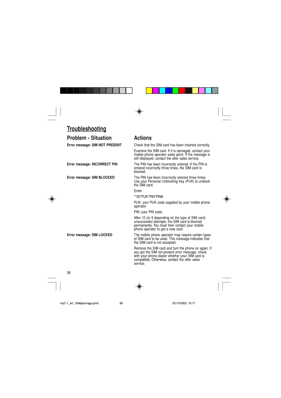 Sagem myC-1 manual Problem Situation Actions, Error message SIM not Present, Error message Incorrect PIN 