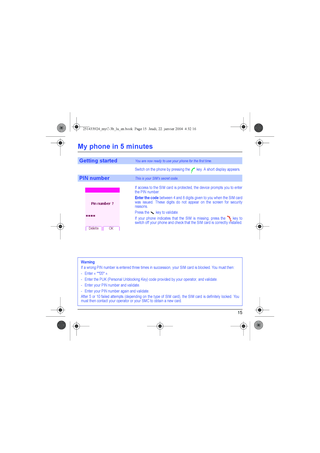 Sagem myC-3b manual My phone in 5 minutes, Getting started, PIN number 