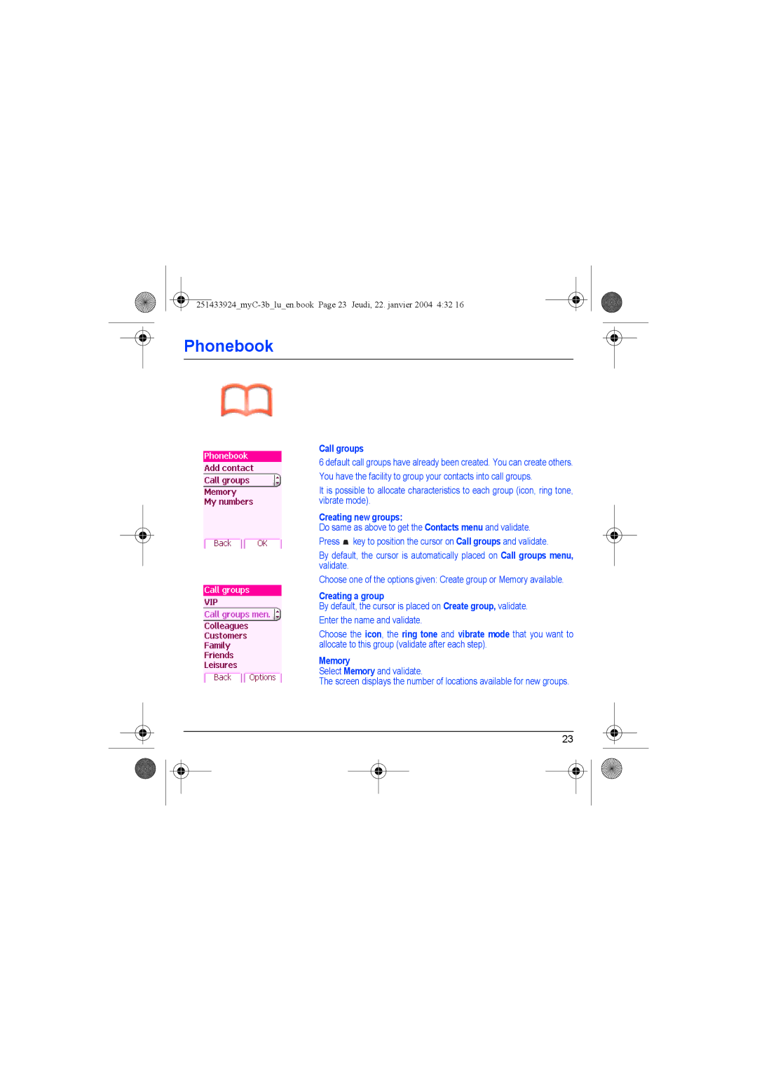 Sagem myC-3b manual Call groups, Creating new groups, Creating a group, Memory 