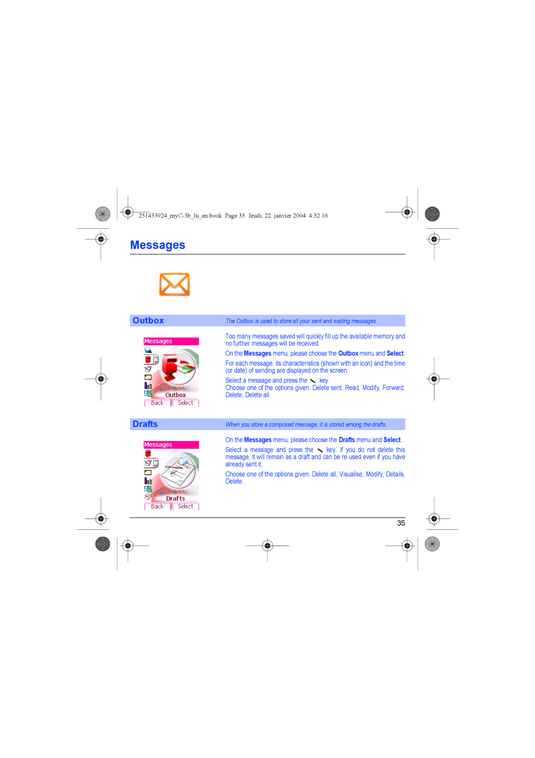 Sagem myC-3b manual Outbox Drafts, Outbox is used to store all your sent and waiting messages 