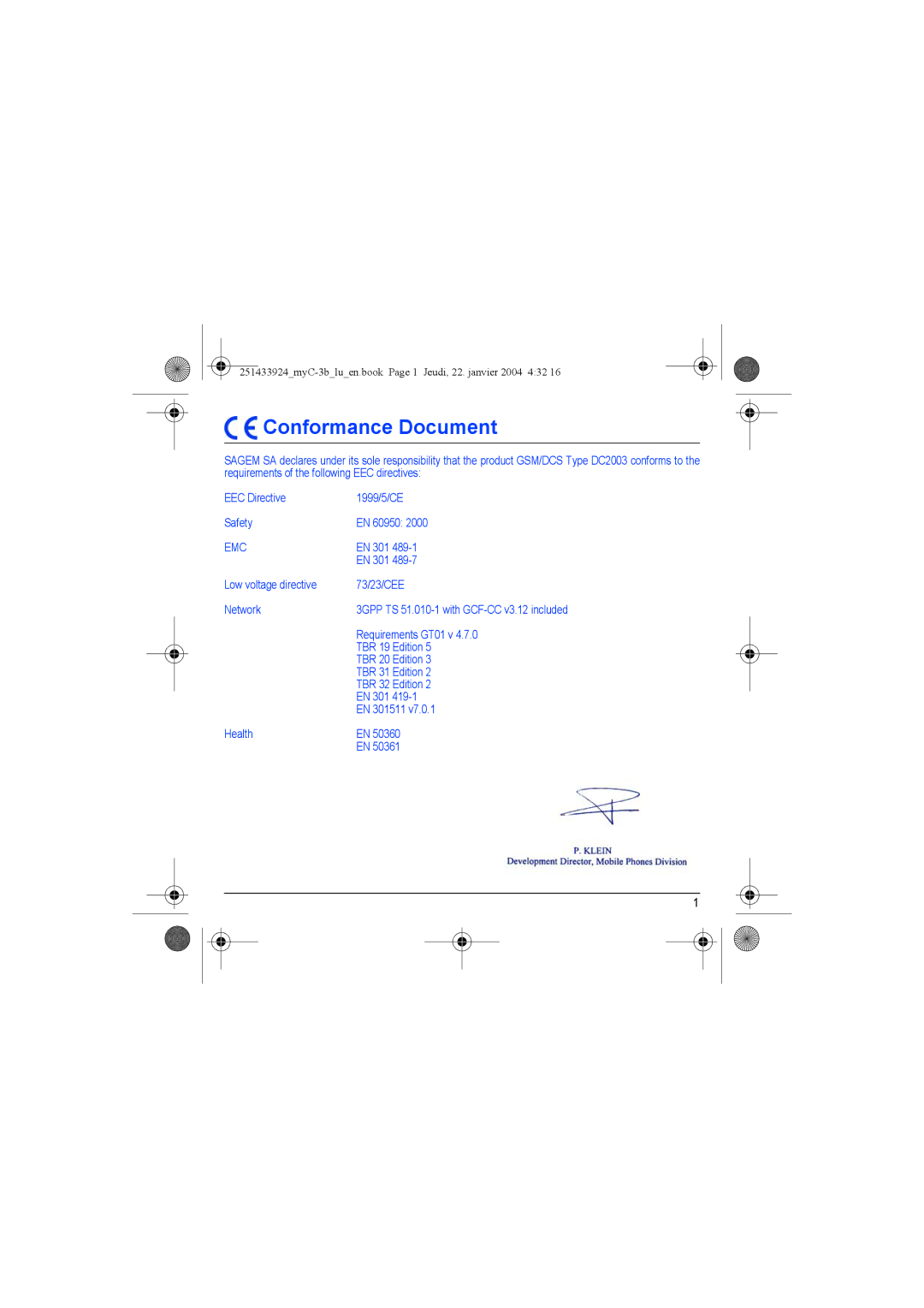 Sagem myC-3b manual Conformance Document 