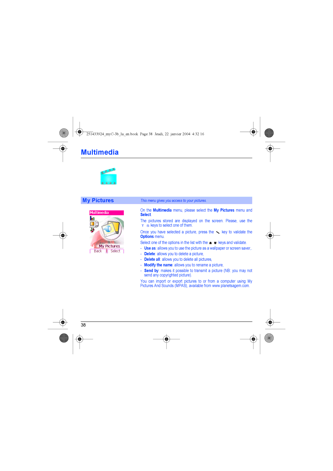 Sagem myC-3b manual On the Multimedia menu, please select the My Pictures menu, Select, Options menu 