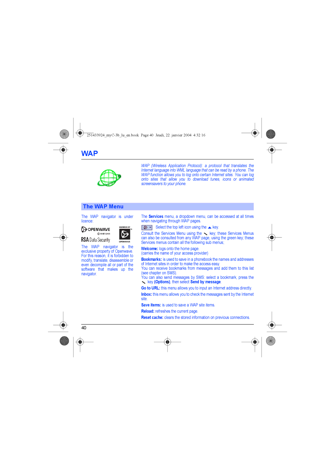 Sagem myC-3b manual WAP Menu, WAP navigator is under licence, Key Options, then select Send by message 