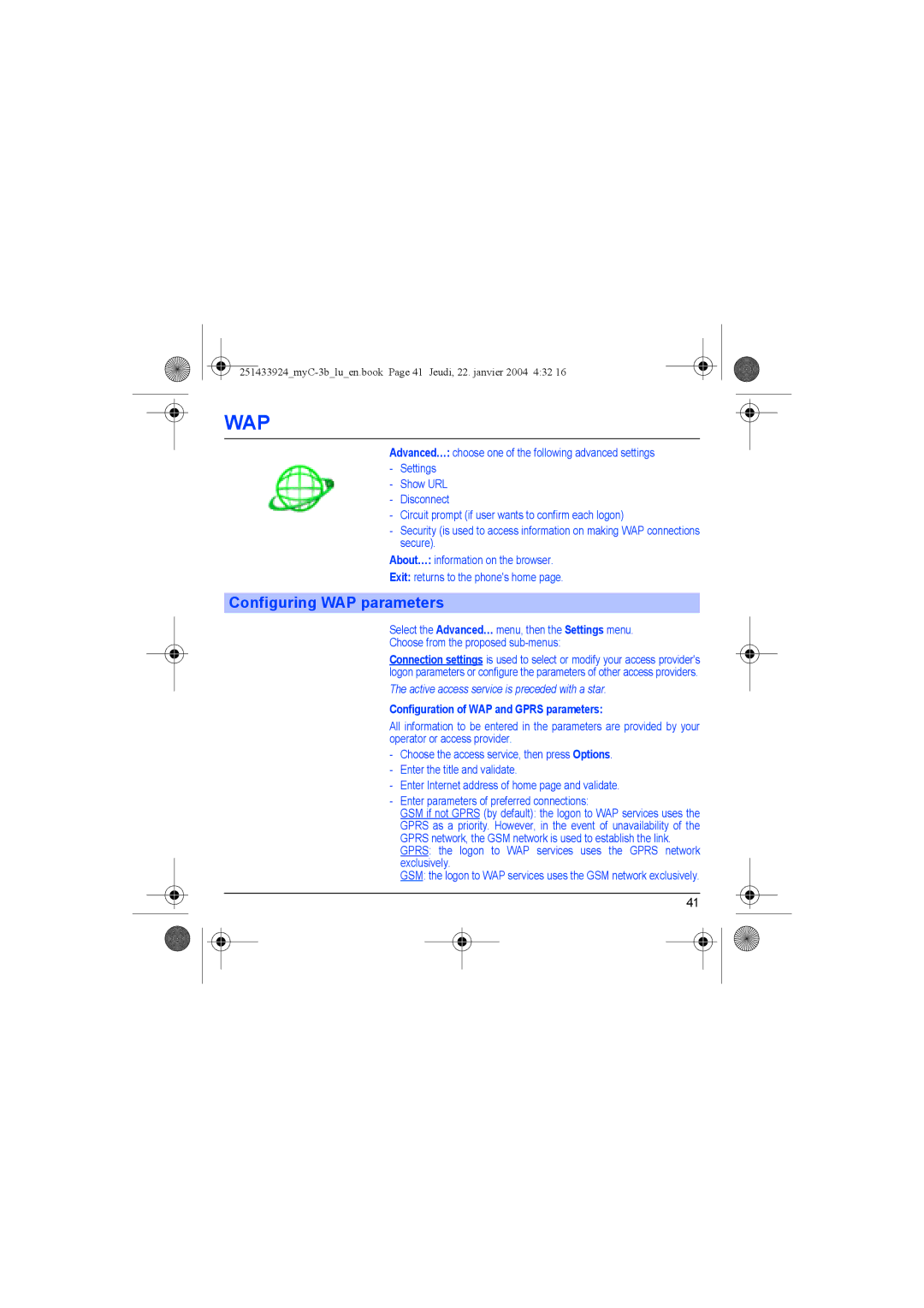 Sagem myC-3b manual Configuring WAP parameters, Active access service is preceded with a star 