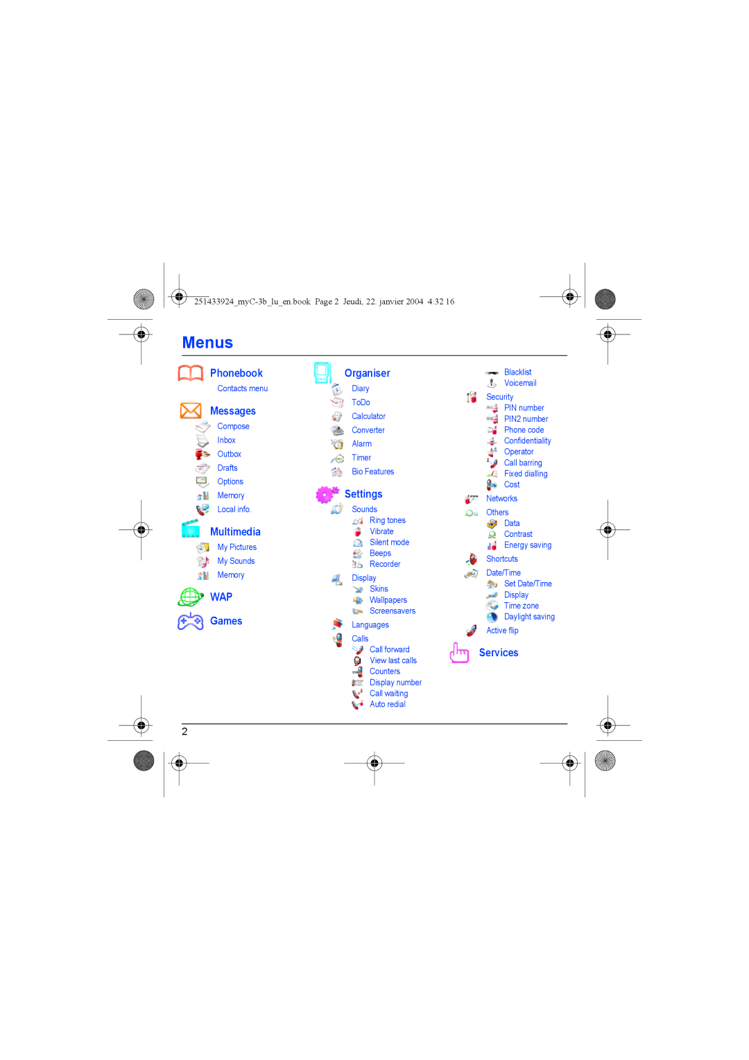 Sagem myC-3b manual Menus 