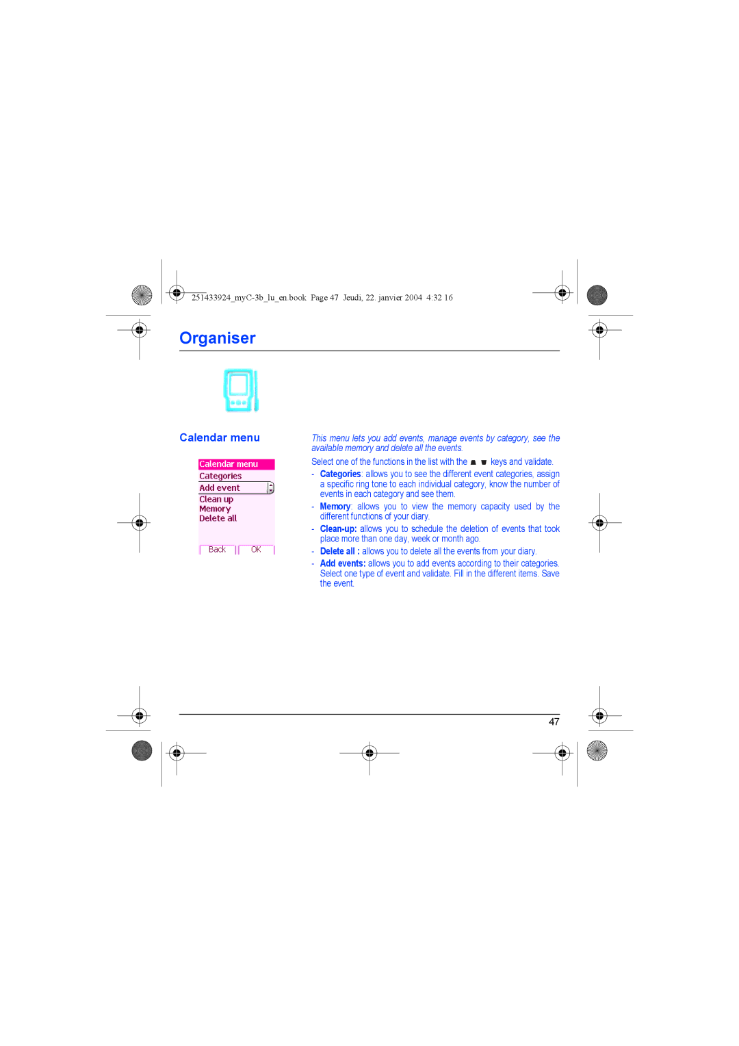 Sagem myC-3b manual Calendar menu 