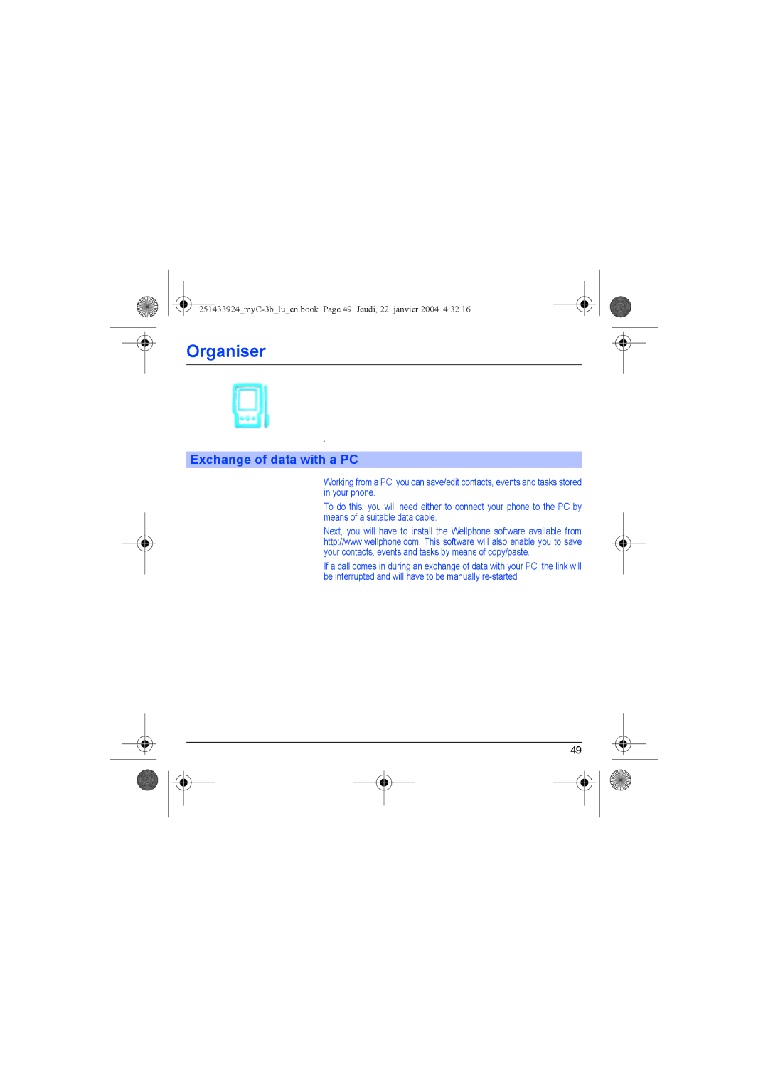 Sagem myC-3b manual Exchange of data with a PC 