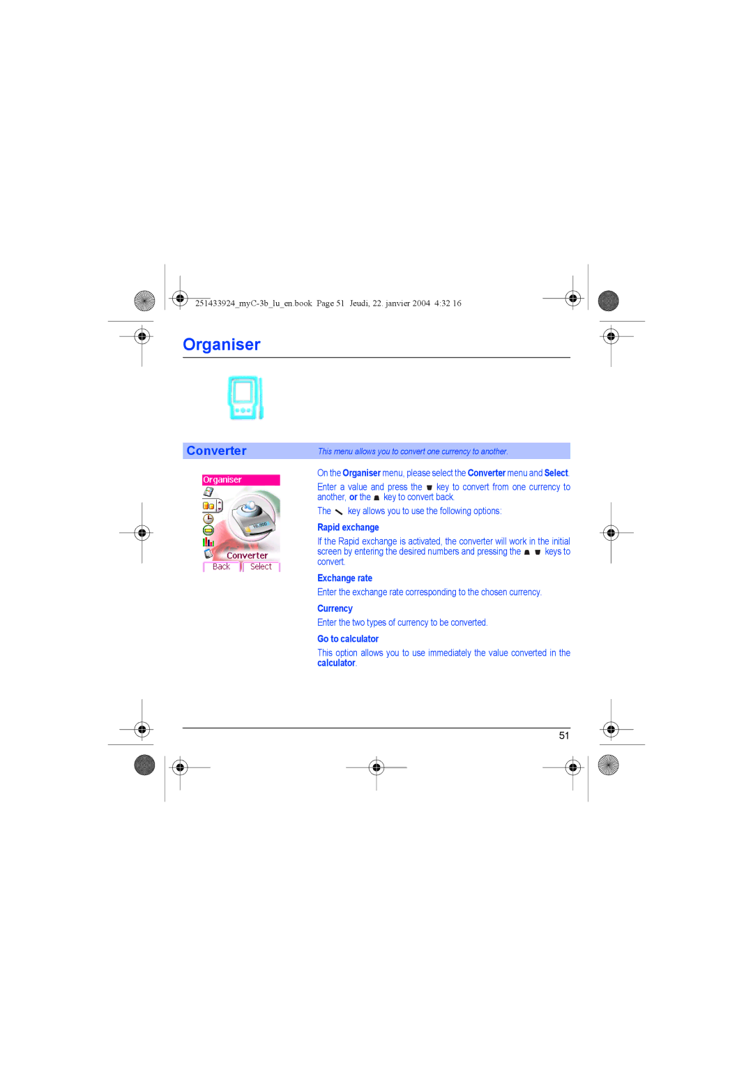 Sagem myC-3b manual Converter, Rapid exchange, Exchange rate, Currency, Go to calculator 