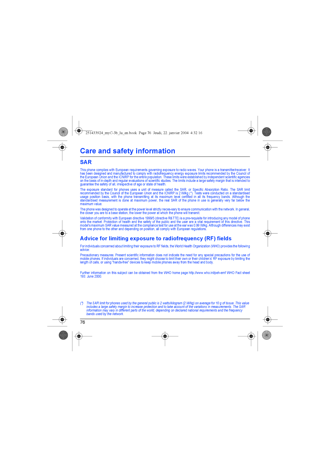 Sagem myC-3b manual Sar, Advice for limiting exposure to radiofrequency RF fields 