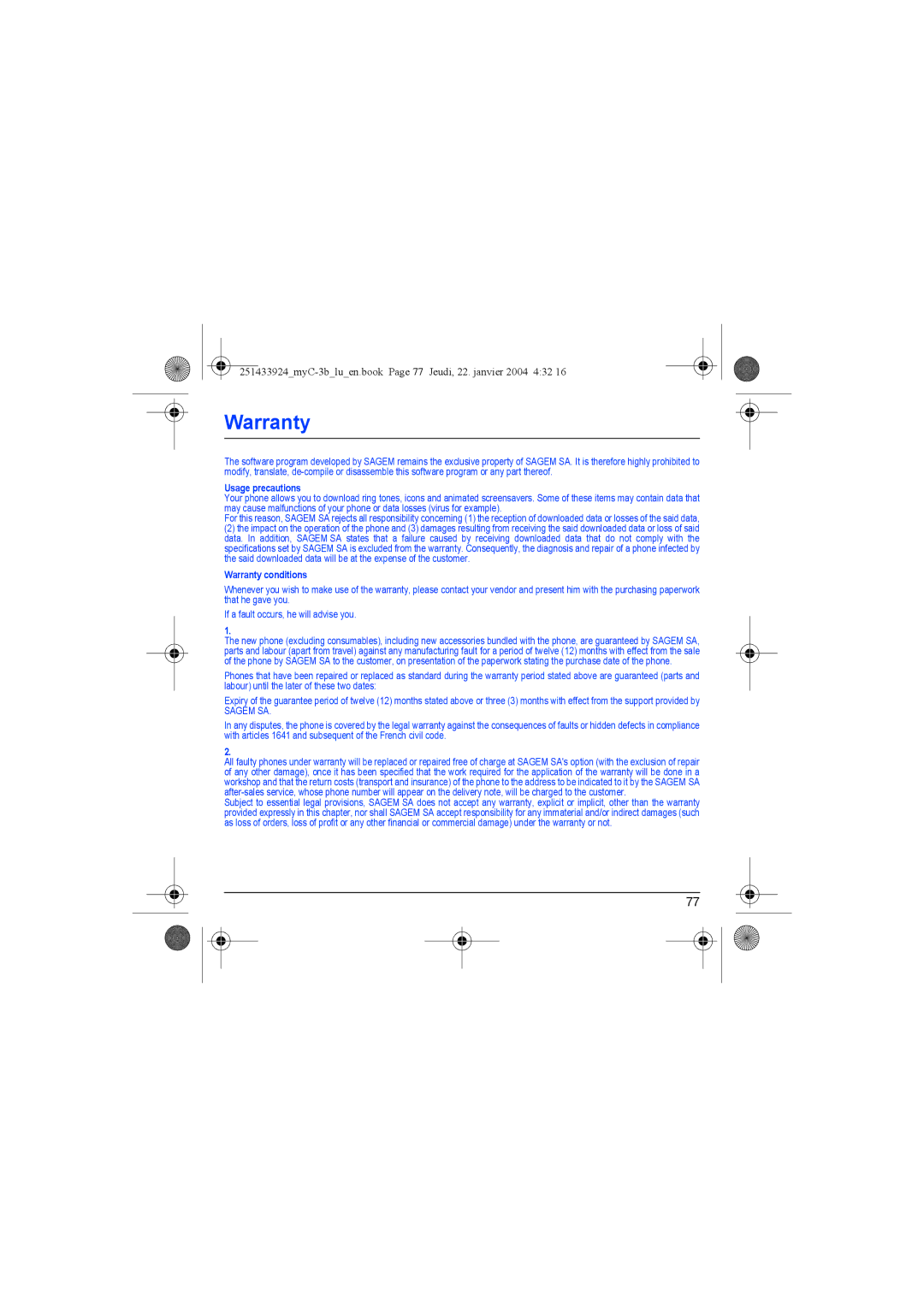 Sagem myC-3b manual Warranty, Usage precautions 