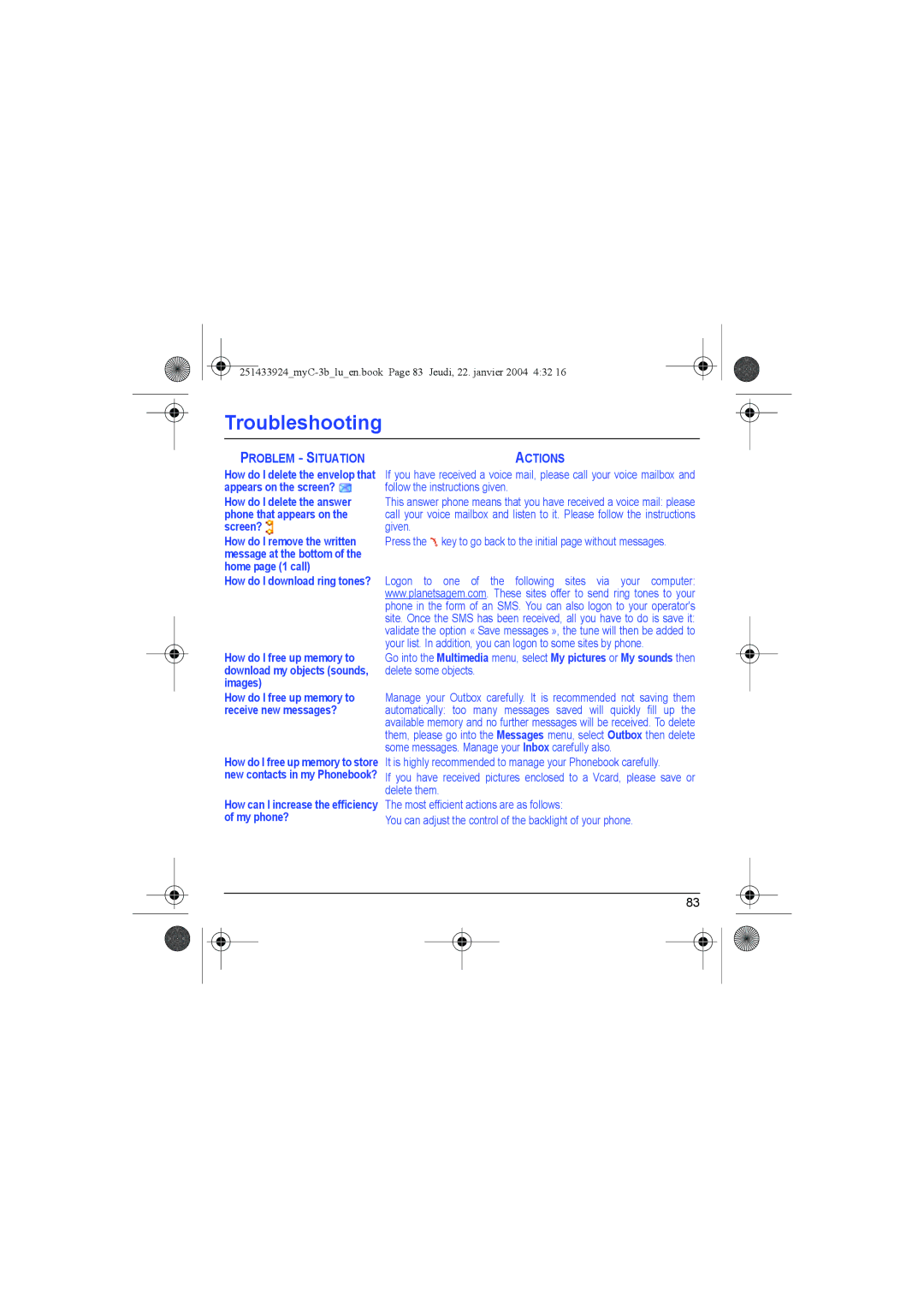 Sagem myC-3b manual How can I increase the efficiency of my phone?, Actions 