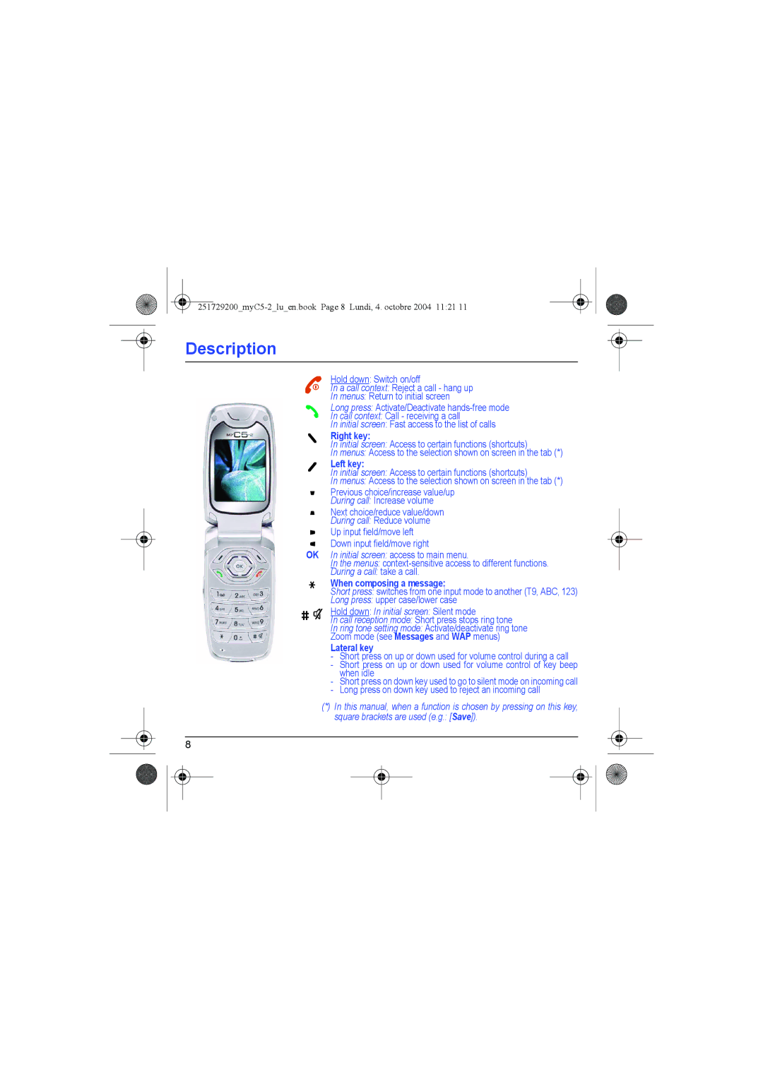 Sagem myC5-2 manual Description, Right key, Left key, When composing a message, Lateral key 