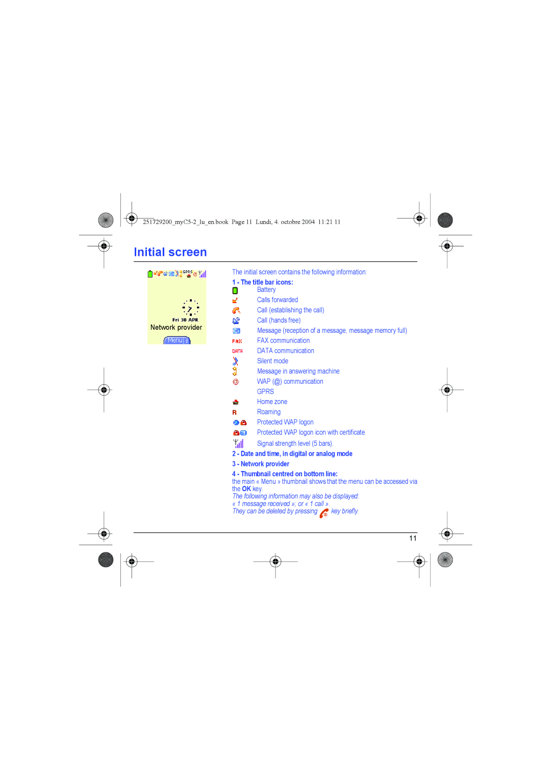 Sagem myC5-2 manual Initial screen contains the following information, Title bar icons 