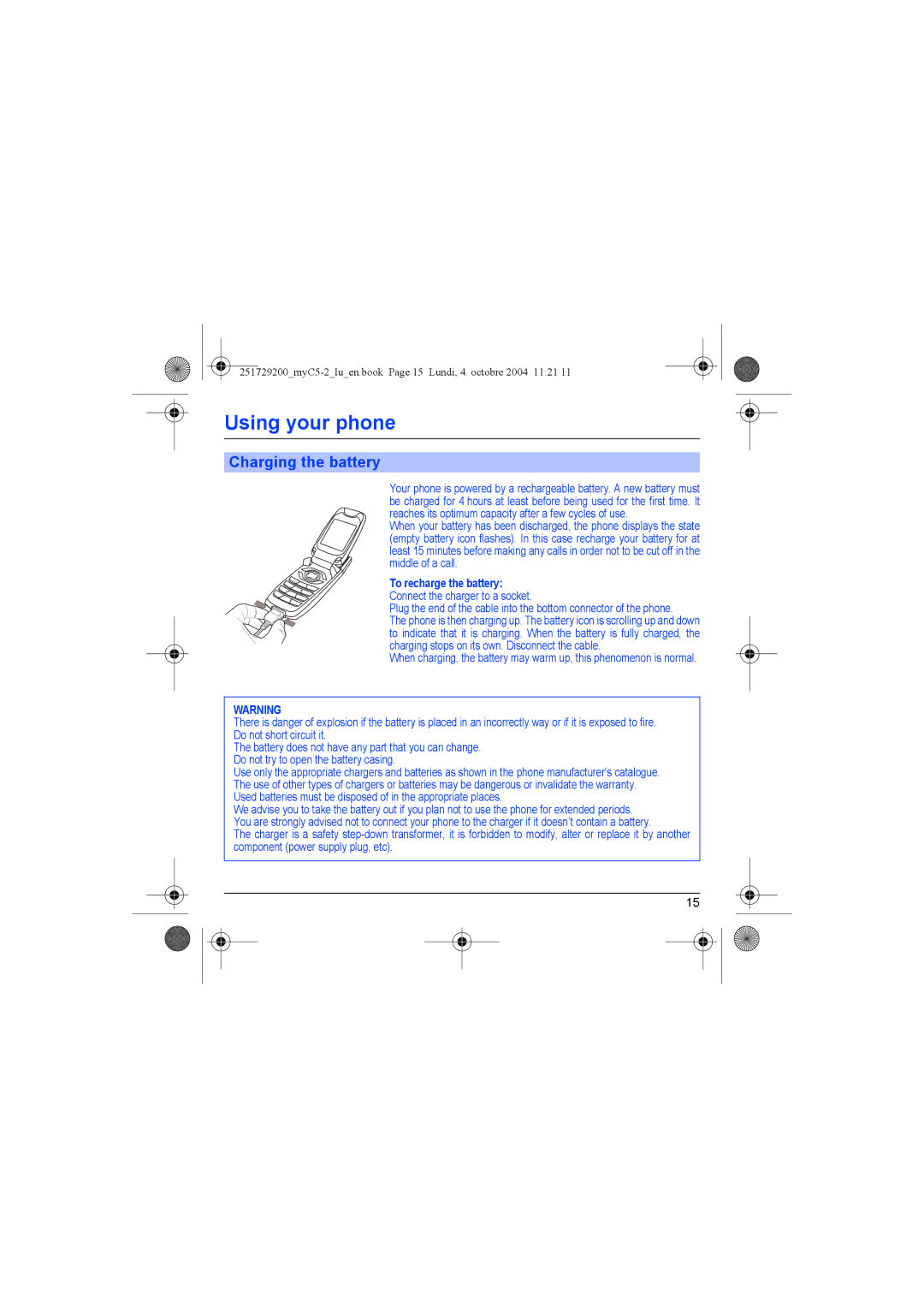 Sagem myC5-2 manual Charging the battery 