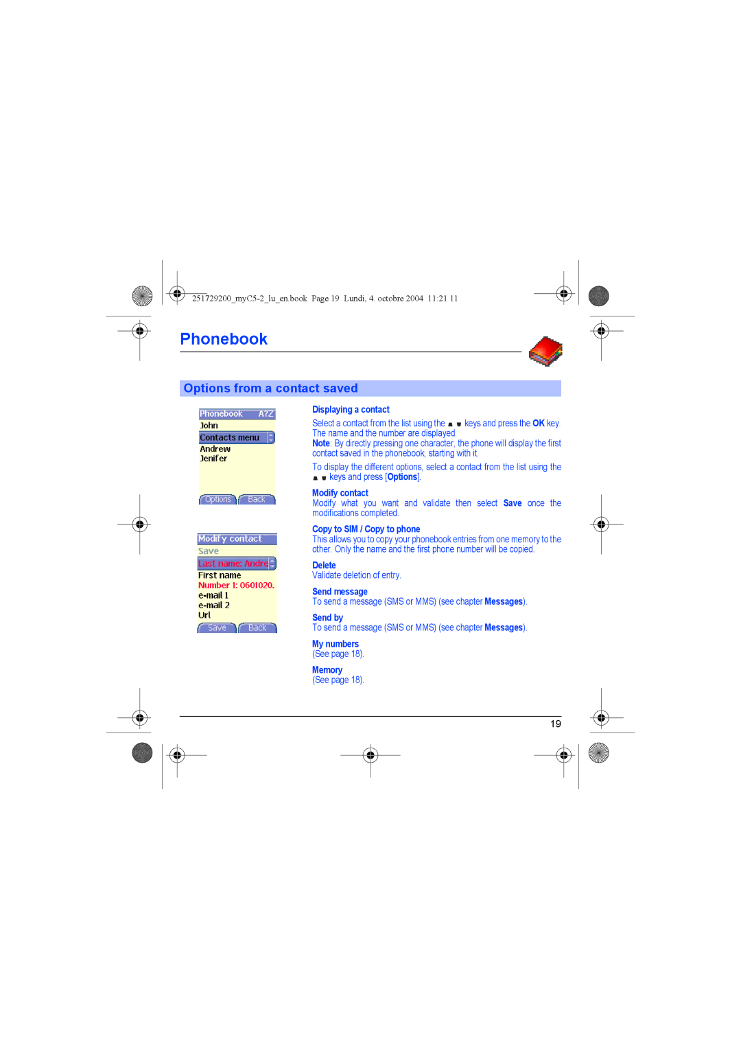 Sagem myC5-2 manual Options from a contact saved 