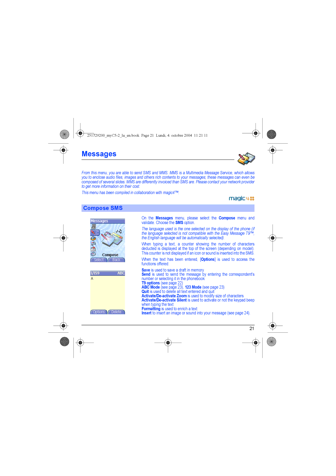 Sagem myC5-2 manual Messages, Compose SMS, English language will be automatically selected 