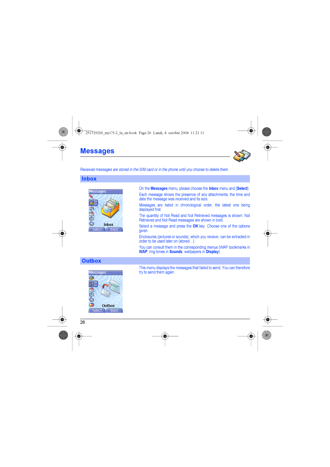 Sagem myC5-2 manual Inbox, Outbox 