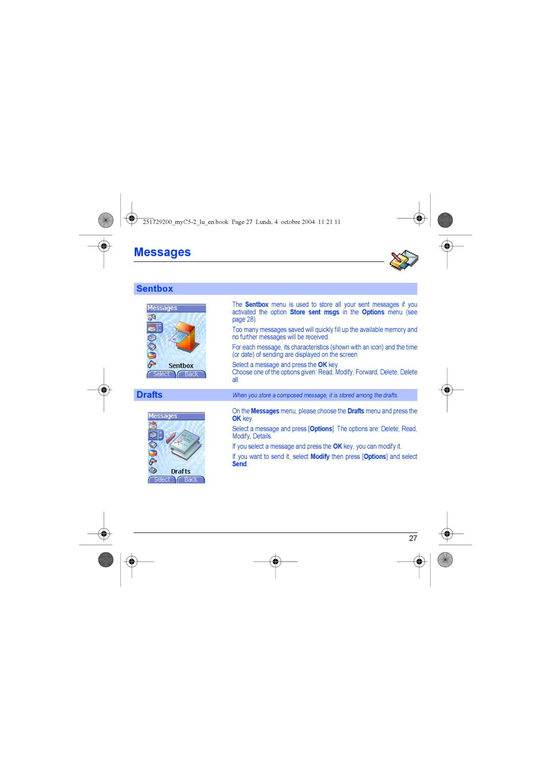 Sagem myC5-2 manual Sentbox, Drafts, Send 