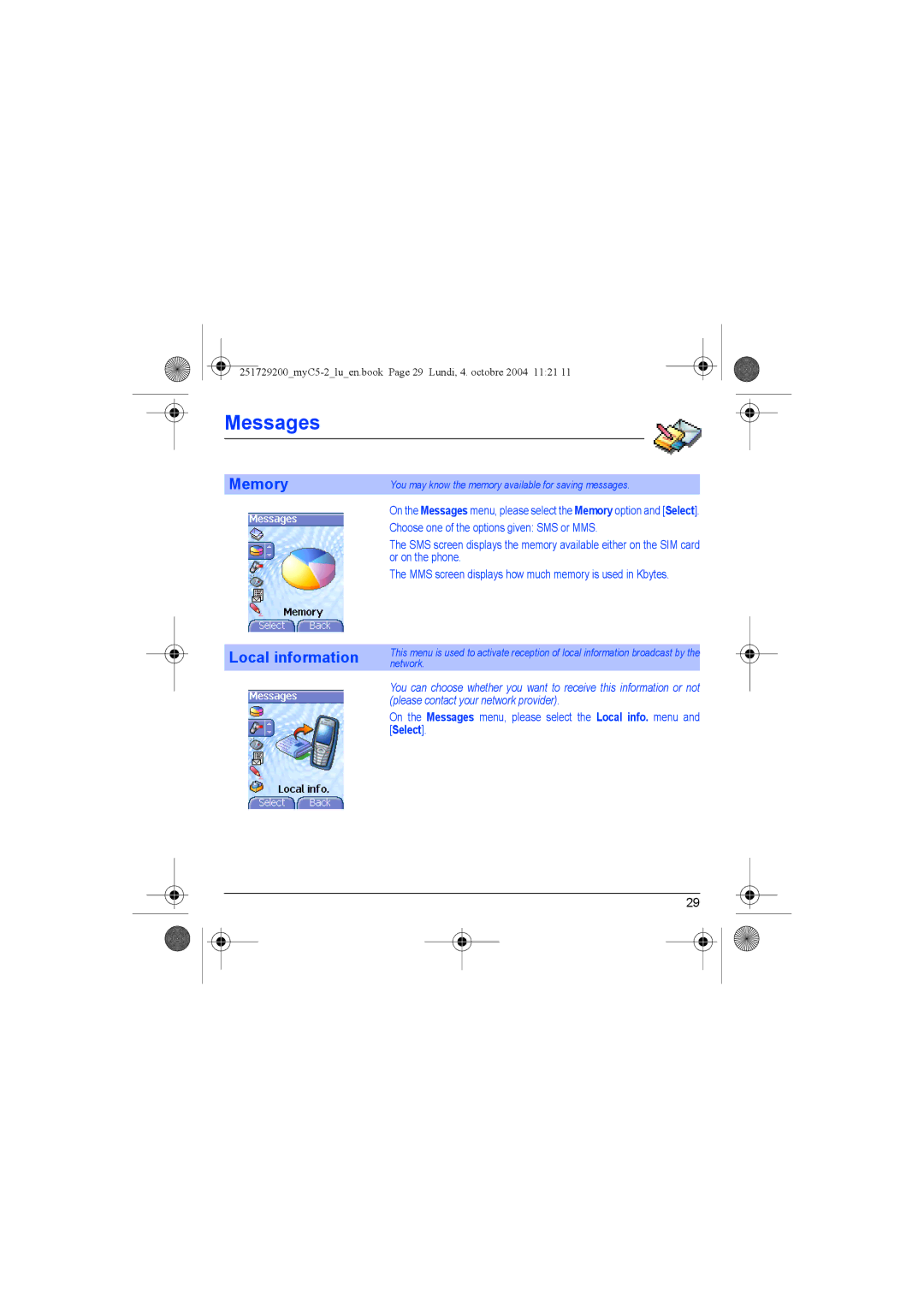 Sagem myC5-2 manual Memory, Local information, Please contact your network provider, Select 