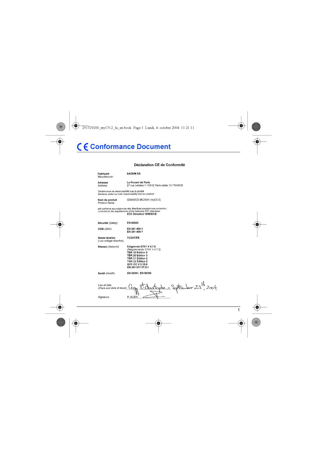 Sagem myC5-2 manual Conformance Document 