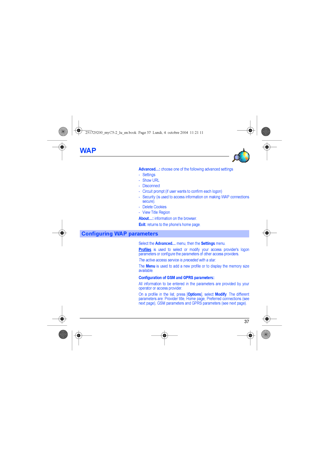 Sagem myC5-2 manual Configuring WAP parameters, Select the Advanced… menu, then the Settings menu 