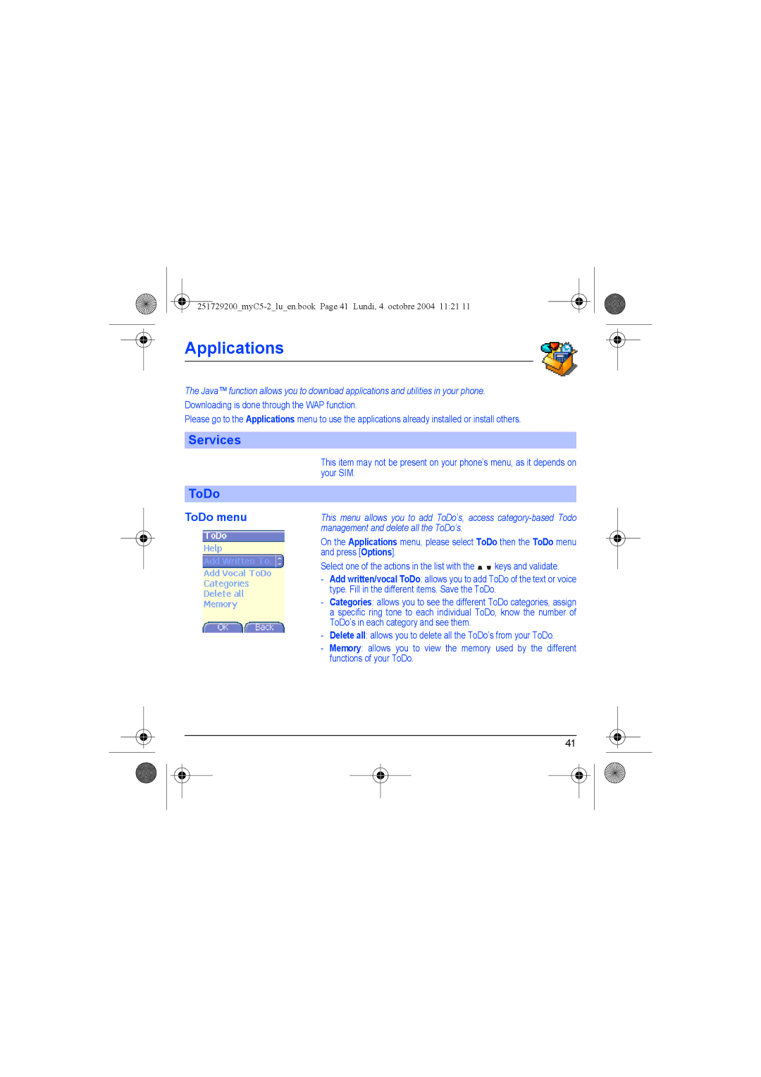 Sagem myC5-2 manual Applications, Services, ToDo menu, Management and delete all the ToDo’s 