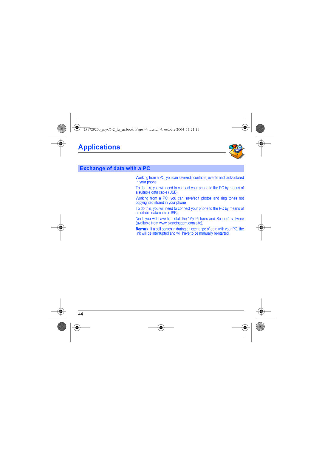 Sagem myC5-2 manual Exchange of data with a PC 