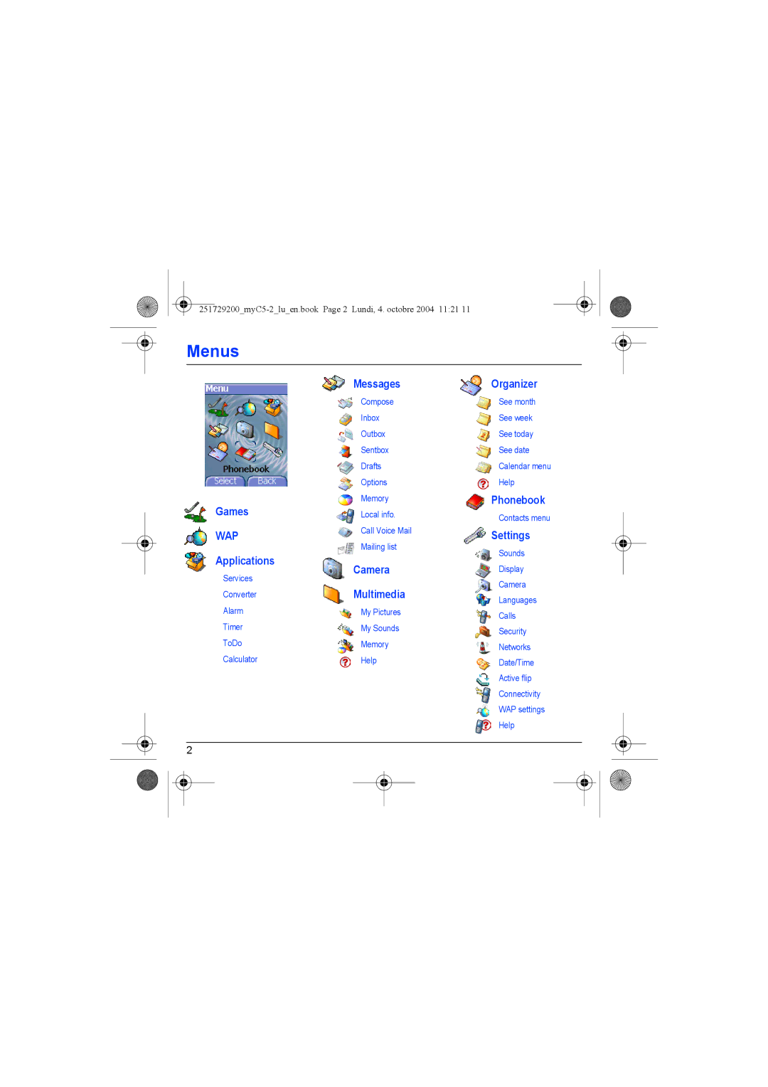 Sagem myC5-2 manual Menus 