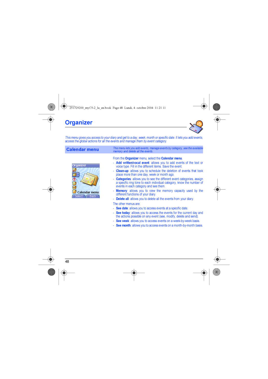 Sagem myC5-2 manual From the Organizer menu, select the Calendar menu 