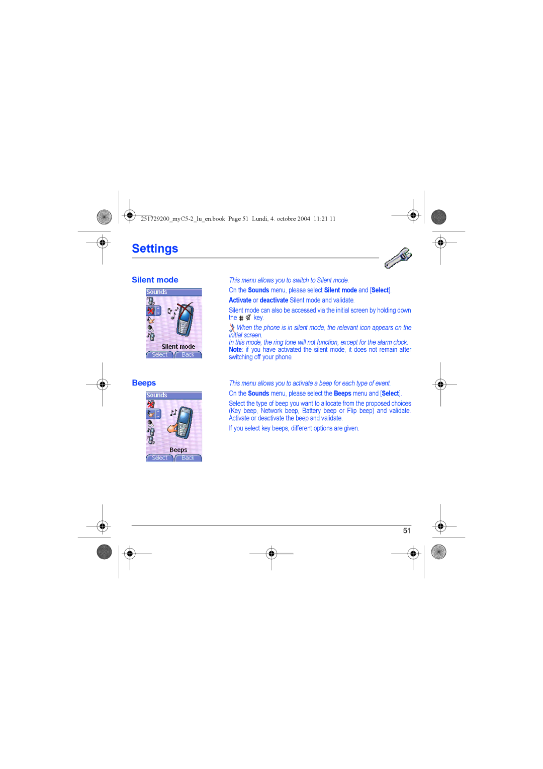 Sagem myC5-2 manual Beeps, This menu allows you to switch to Silent mode, Initial screen 