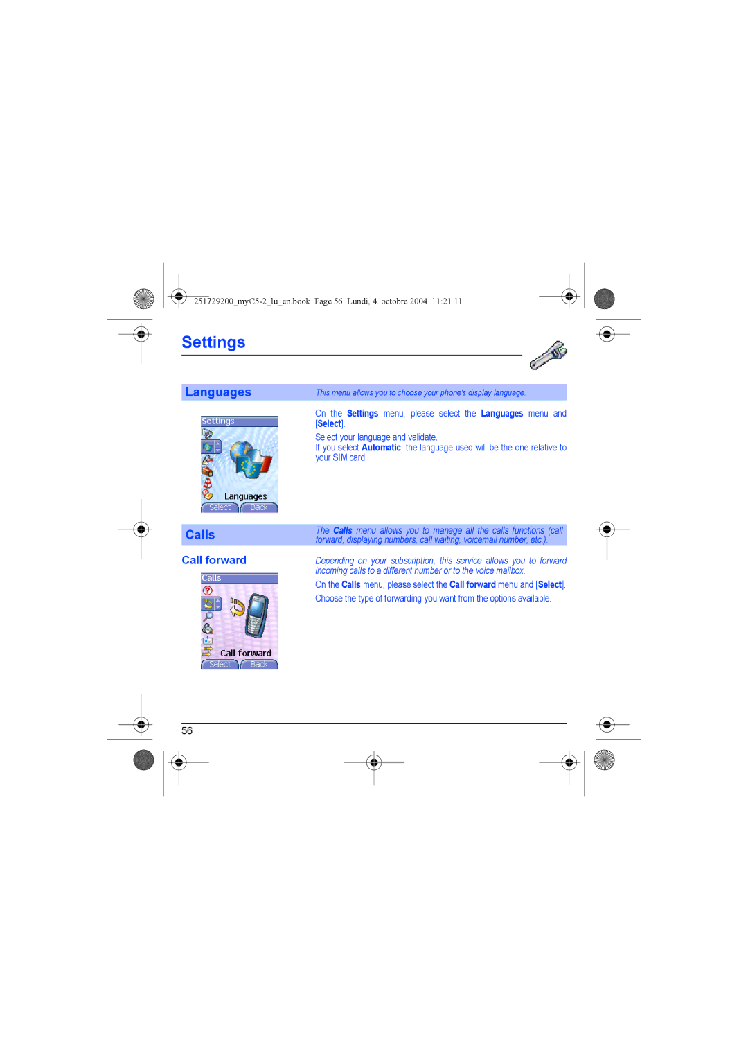 Sagem myC5-2 manual Calls, Call forward 