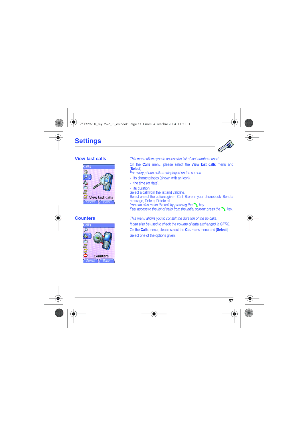 Sagem myC5-2 manual View last calls, Counters 